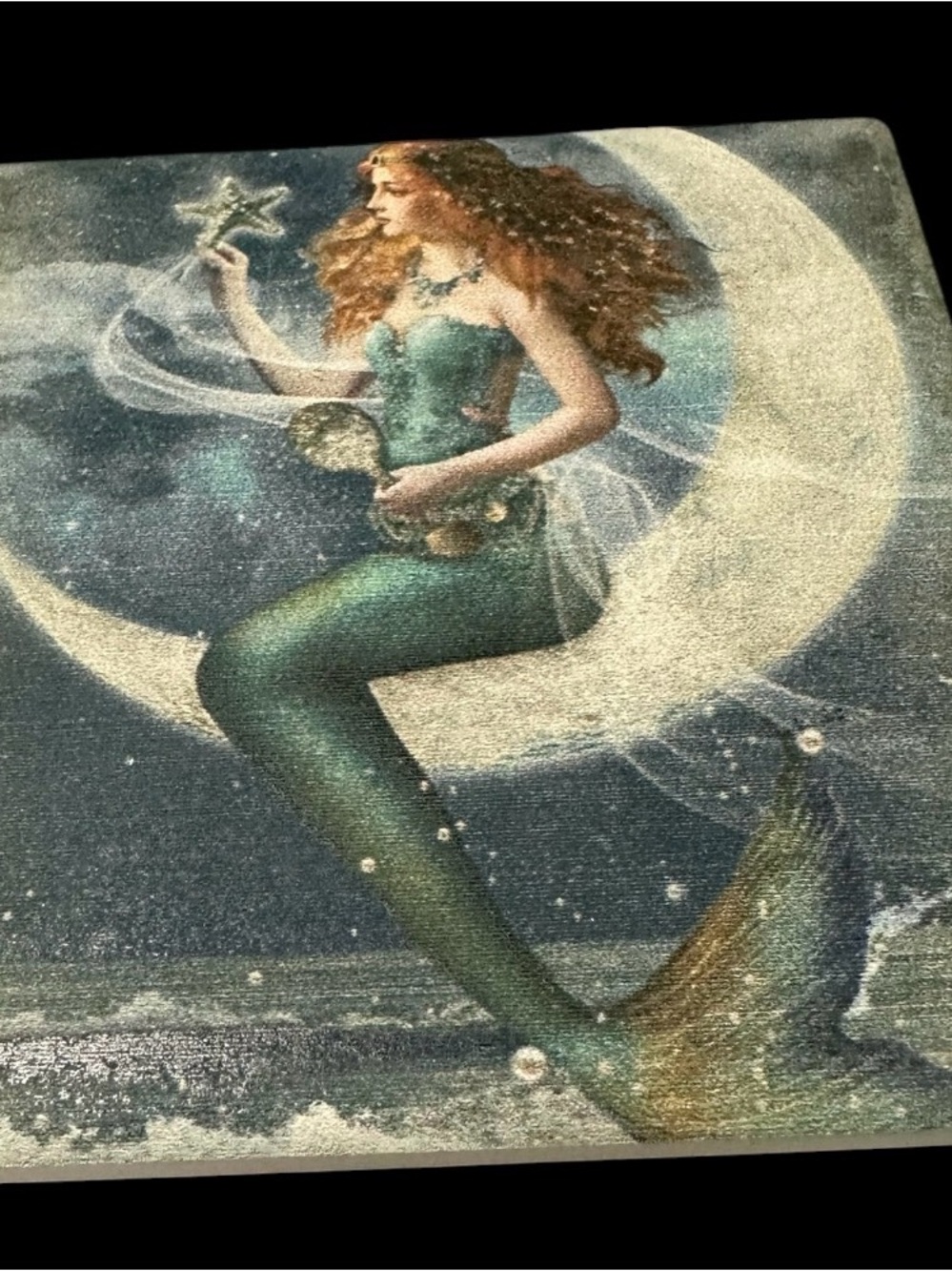 Mermaid on the Moon Stone Coasters in Teal and Cream Vtg Style - Picture 6 of 6